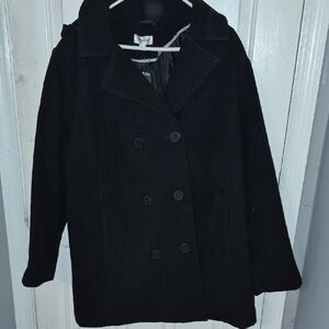 Plus Size Faux Wool Peacoat With Hood Classic Black Double-Breasted Women's Coat